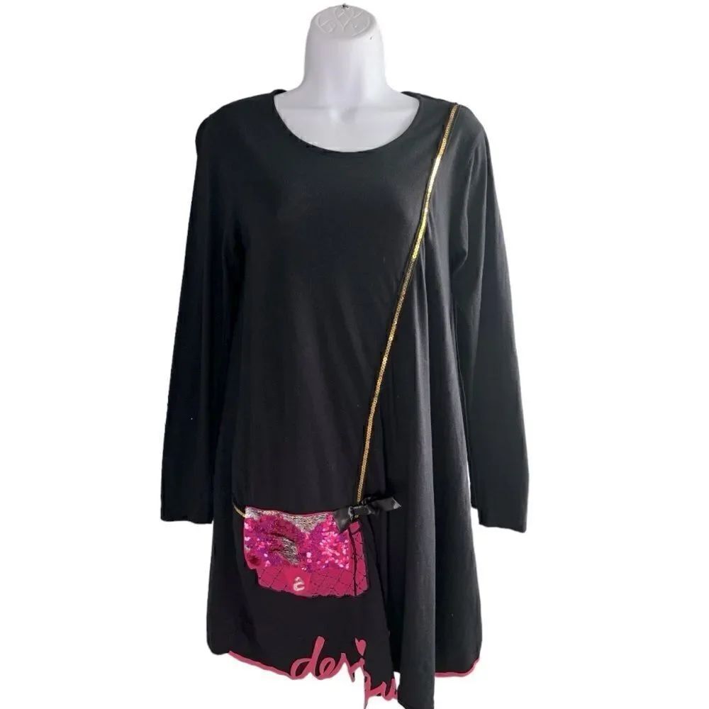DESIGUAL Girls Black Pink Embellished Long Sleeve 100% Cotton Dress Size 13/14